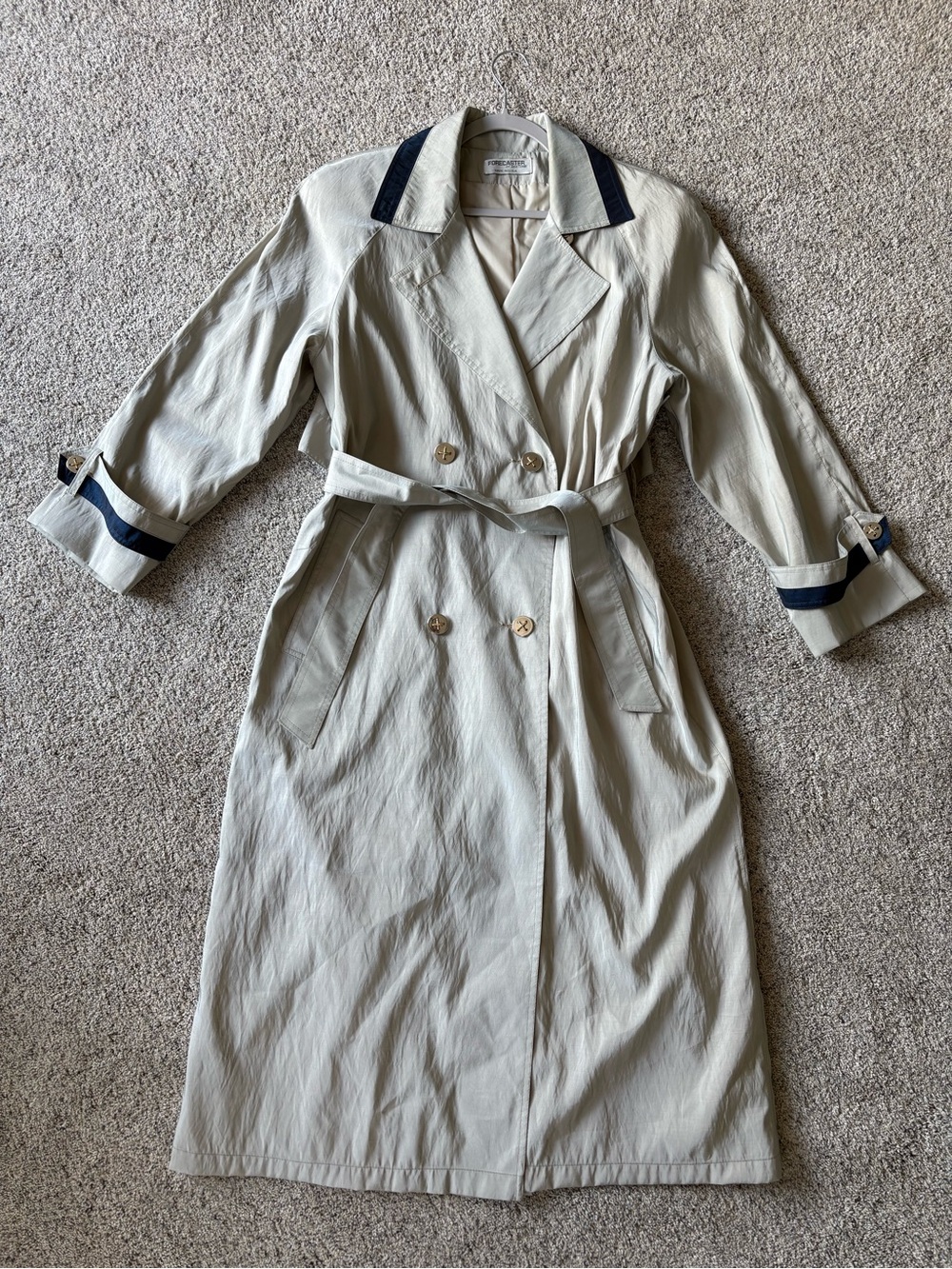 Vintage Trench Coat with Navy Trim - Double-Breasted Belted with Shoulder Pads